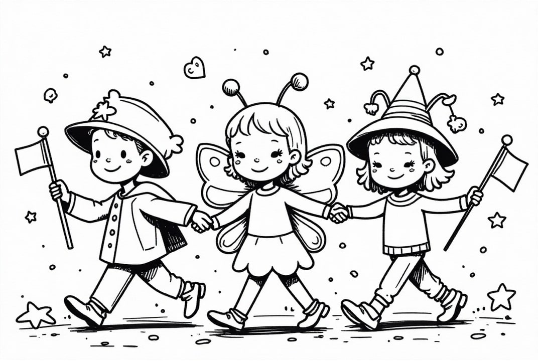Kleurplaat kinderen met vlaggetjes op carnaval