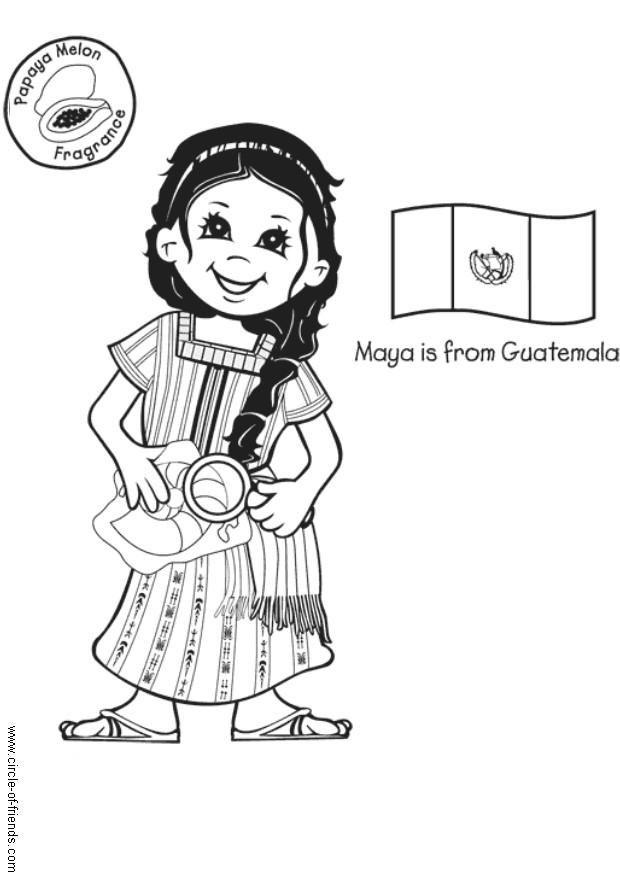 Kleurplaat maya uit guatemala met vlag
