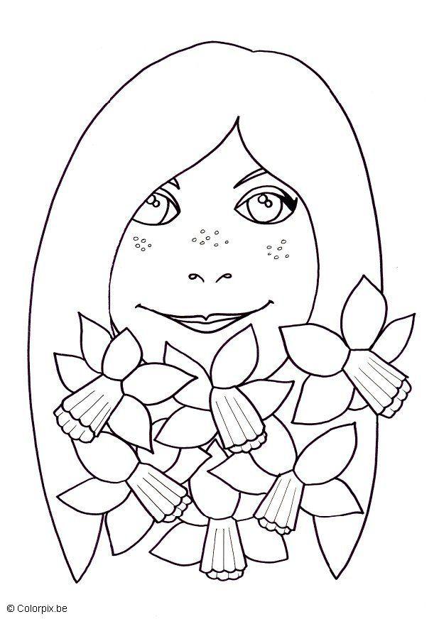 Kleurplaat meisje met paasbloemen