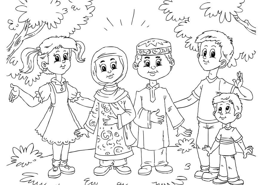 Kleurplaat moslim kinderen bij westerse kinderen
