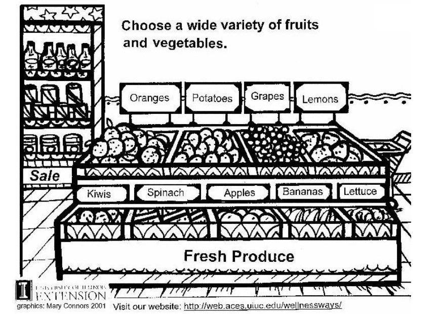 Kleurplaat verse groenten en fruit
