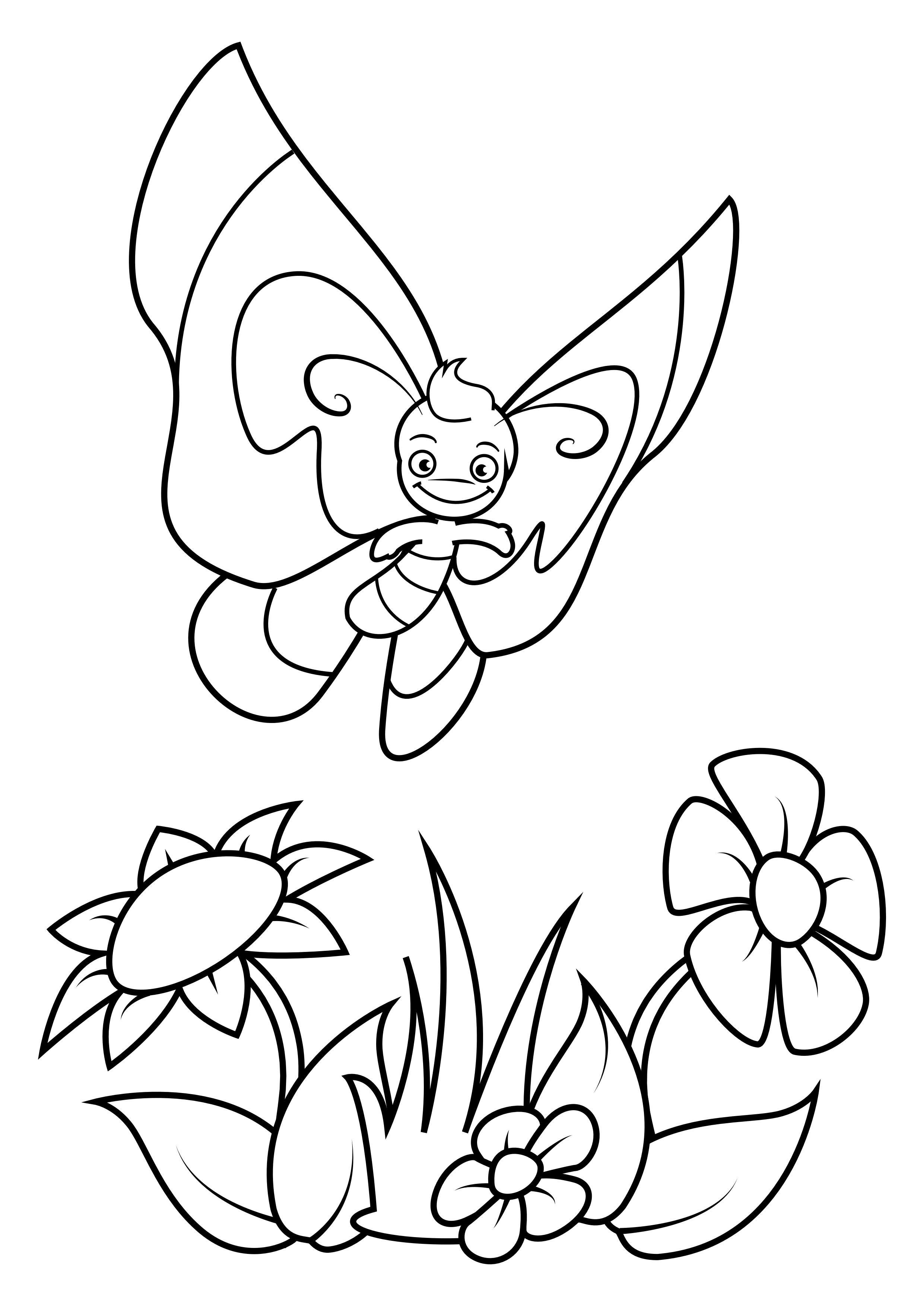 Kleurplaat vlinder boven bloemen