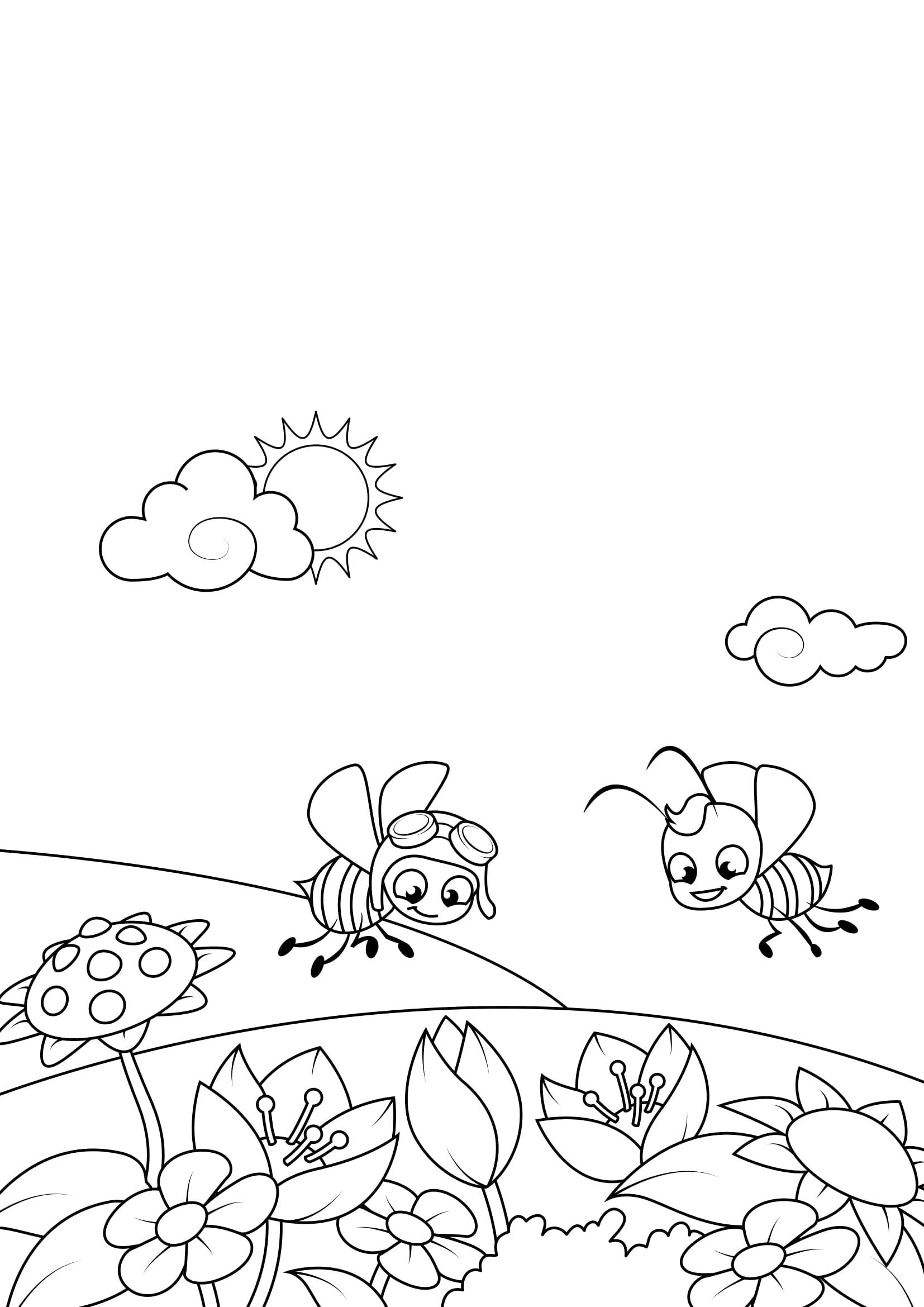 lente, bijen in de tuin Kleurplaat lente, bijen in de tuin