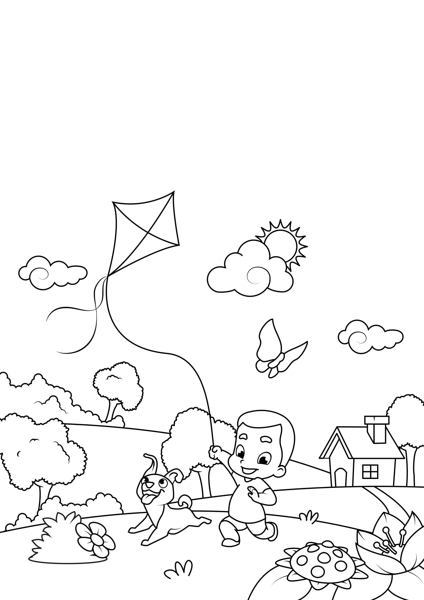 lente, buiten spelen Kleurplaat lente, buiten spelen