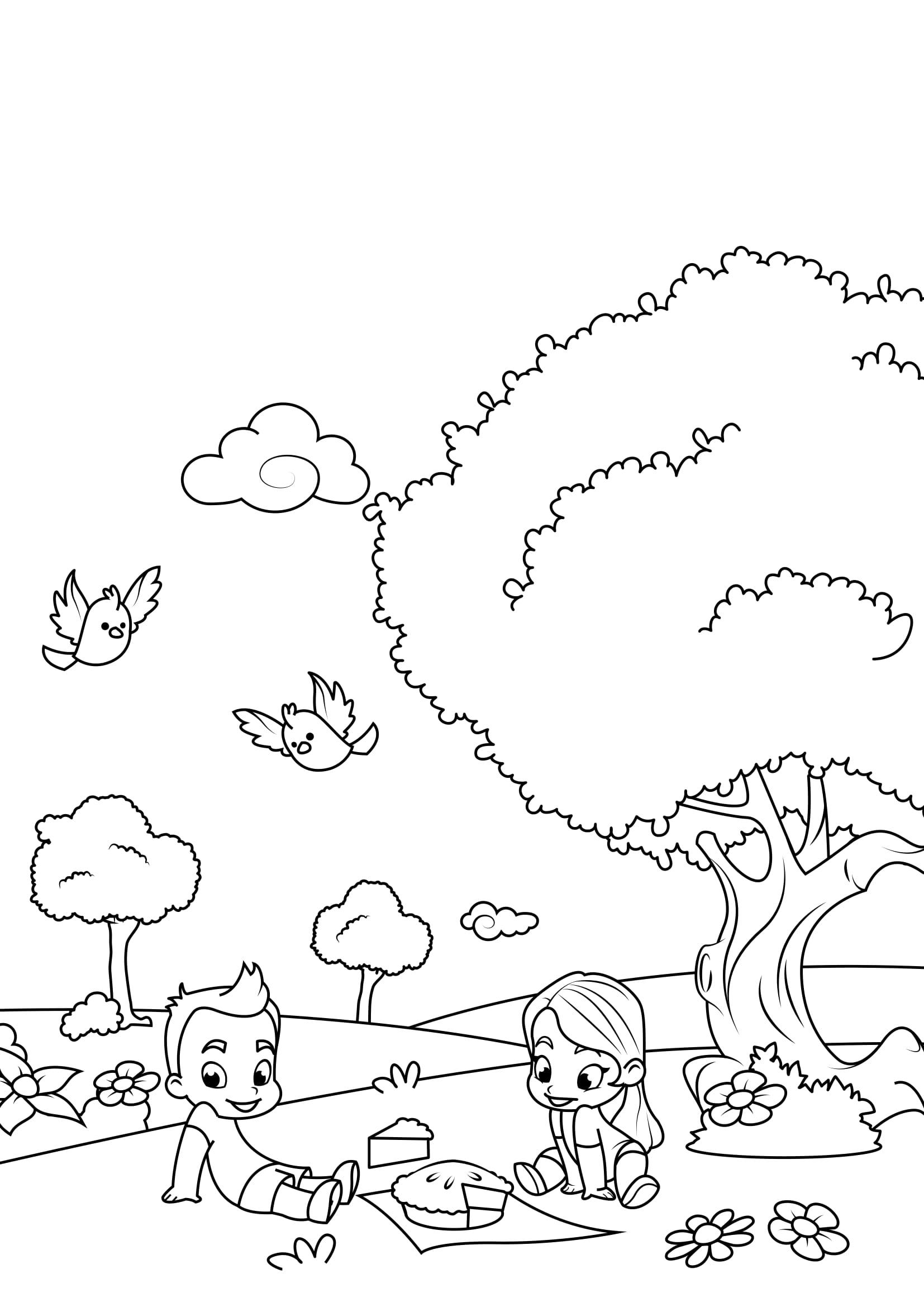 lente, picknick Kleurplaat lente, picknick