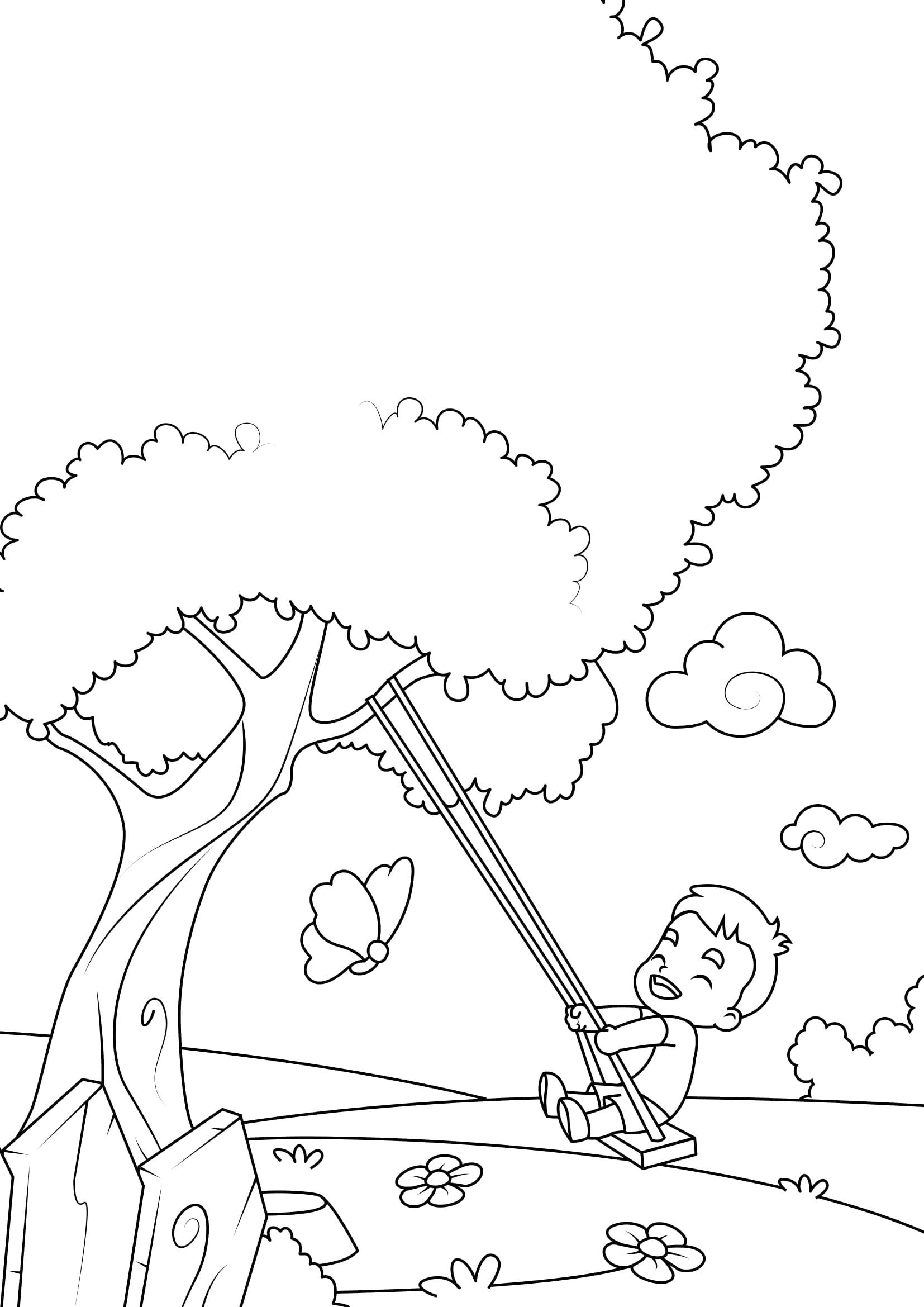 lente, schommelen aan boom Kleurplaat lente, schommelen aan boom