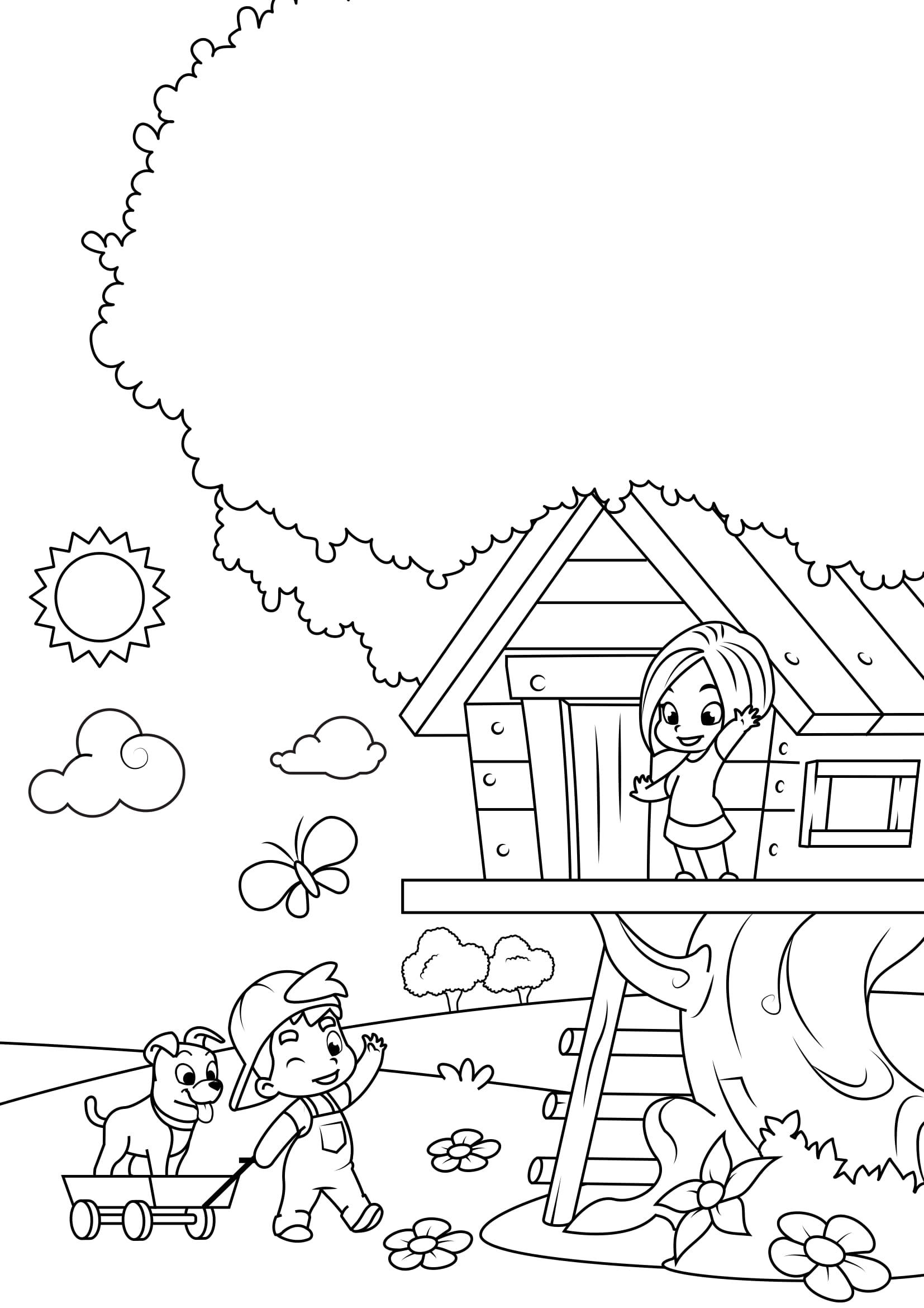 lente - spelen in de boomhut Kleurplaat lente - spelen in de boomhut