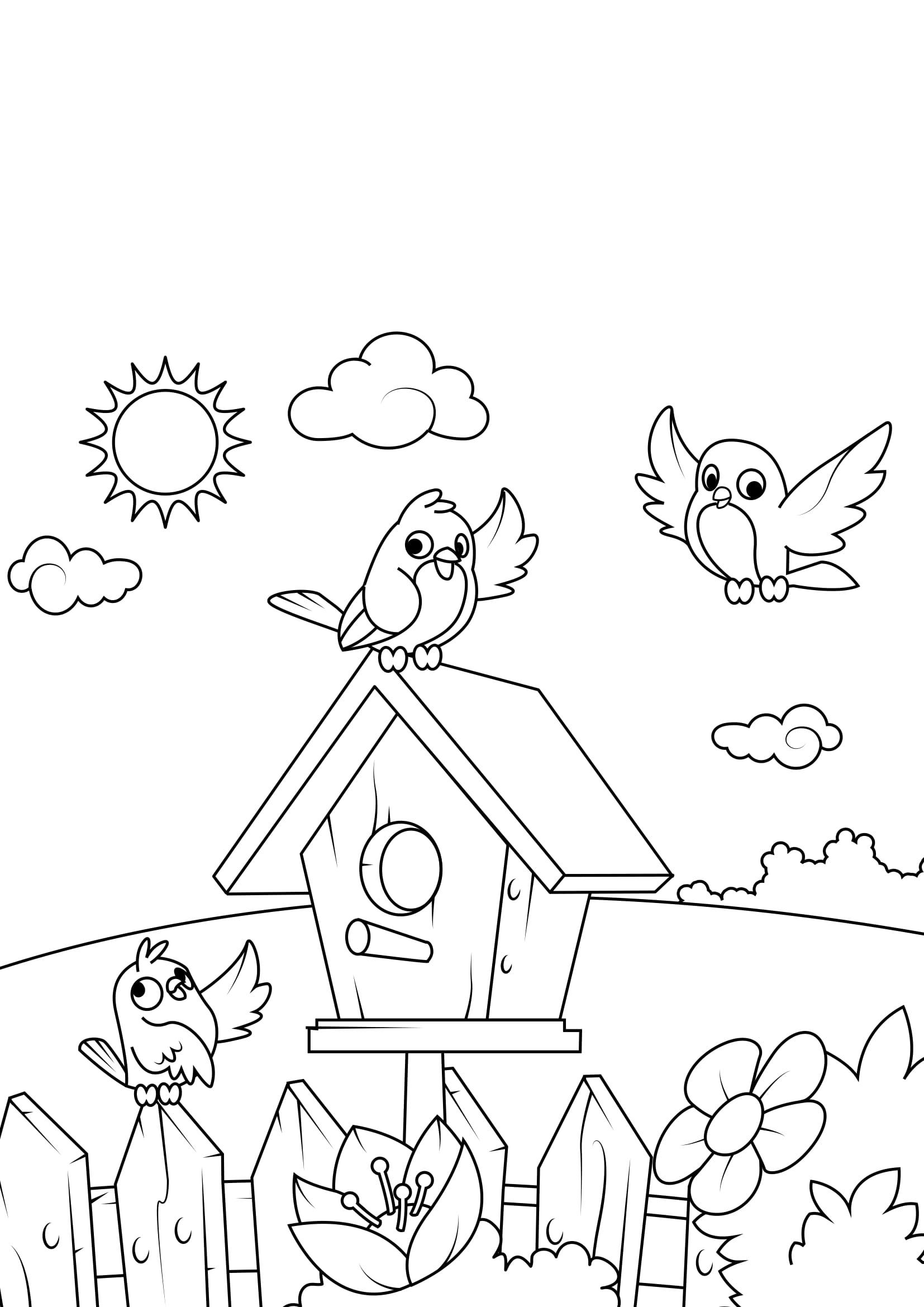 lente, vogelhuisje Kleurplaat lente, vogelhuisje