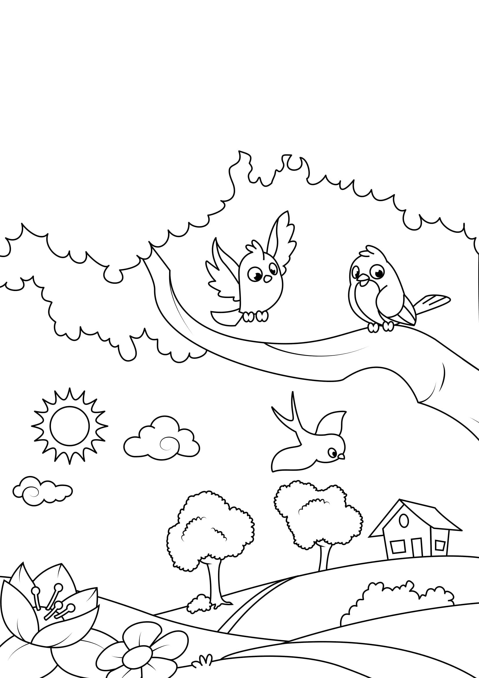lente, vogels in de tuin Kleurplaat lente, vogels in de tuin