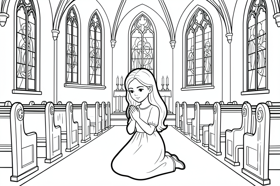 meisje bidt in de kerk Kleurplaat meisje bidt in de kerk