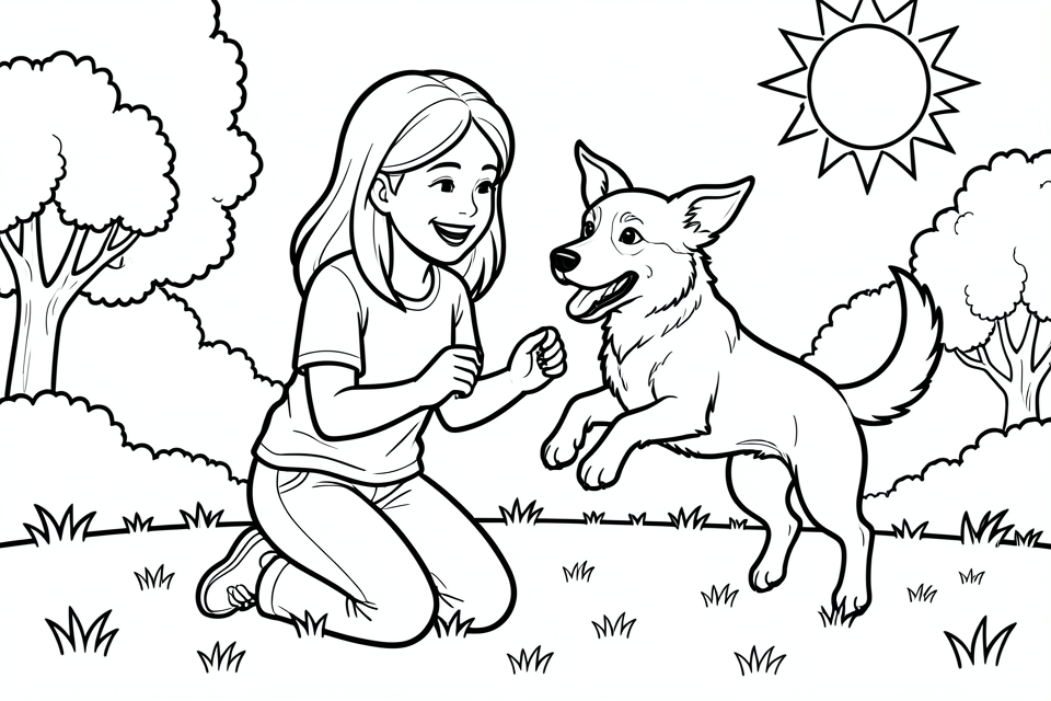 meisje speelt met haar hond Kleurplaat meisje speelt met haar hond