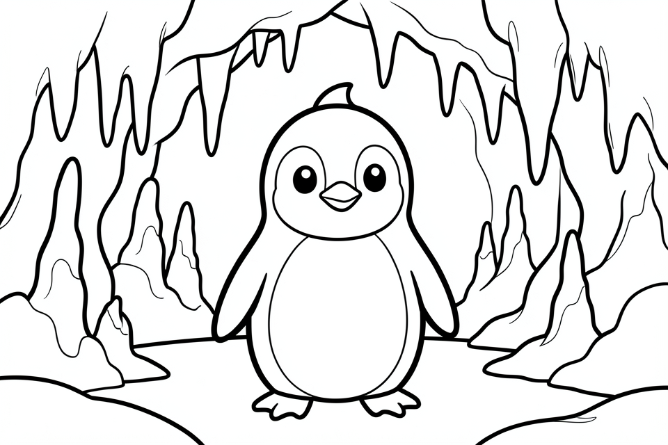 Kleurplaat puinguin in de grot 