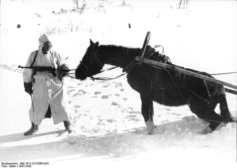 rusland - soldaat met paard in de winter Foto rusland - soldaat met paard in de winter