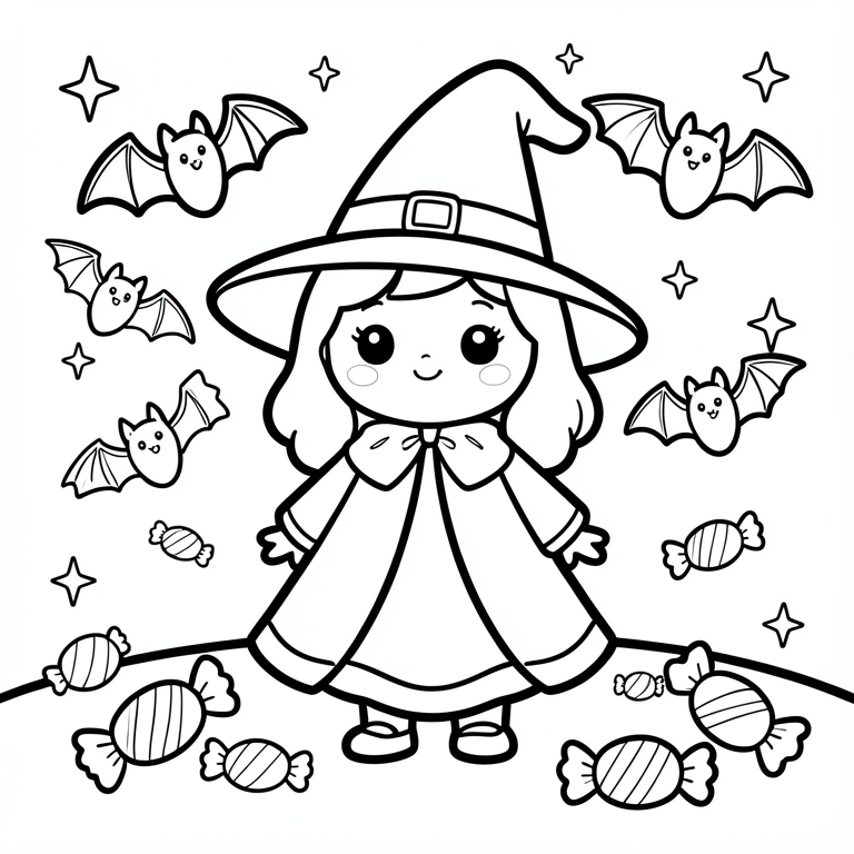 Kleurplaat schattige halloween heks