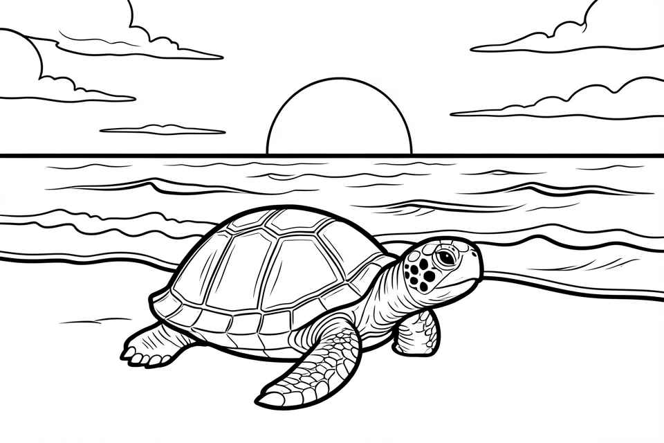 Kleurplaat schildpad op strand met mooie zonsondergang