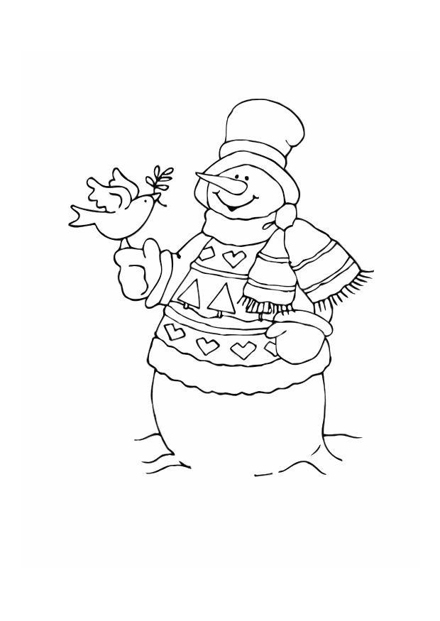 sneeuwman met vogel Kleurplaat sneeuwman met vogel