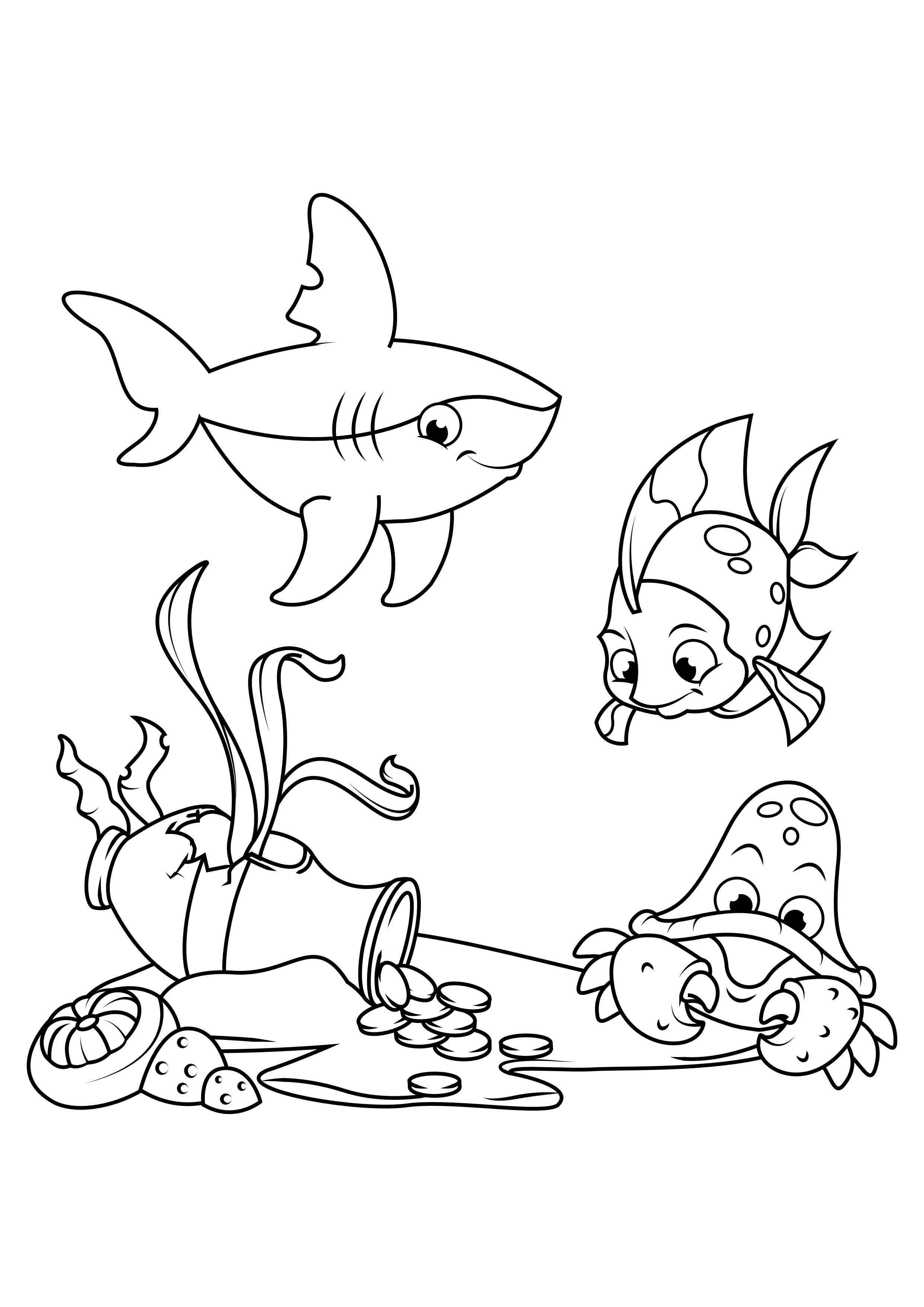 vis met haai en krab Kleurplaat vis met haai en krab