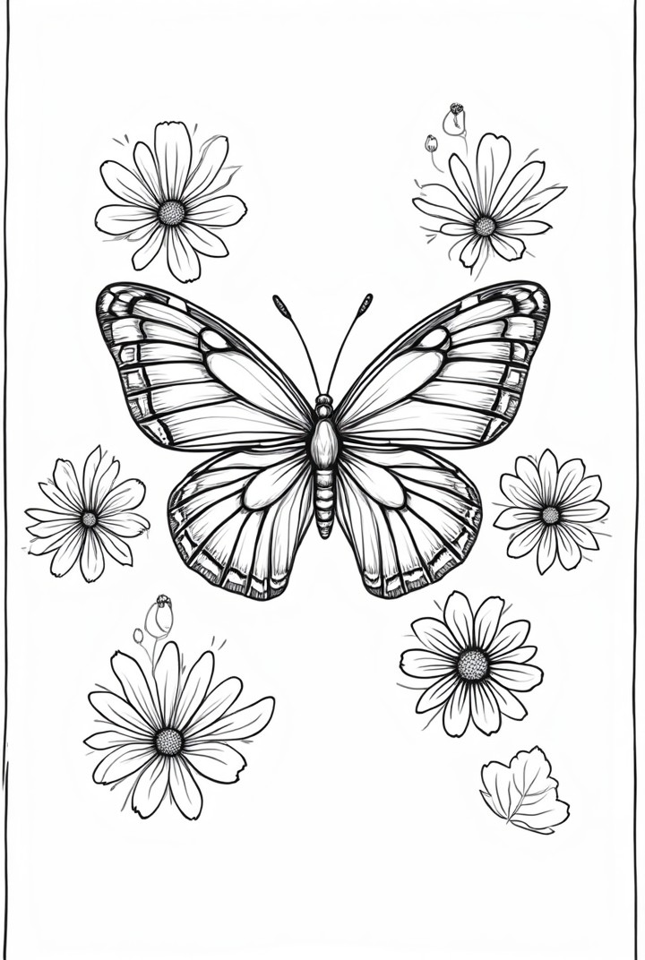 vlinder tussen de bloemen Kleurplaat vlinder tussen de bloemen