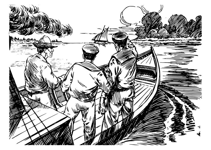 Kleurplaat 3 mannen in een boot