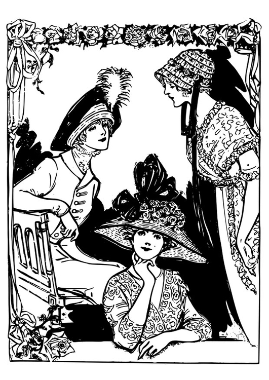 Kleurplaat 3 vrouwen met hoeden