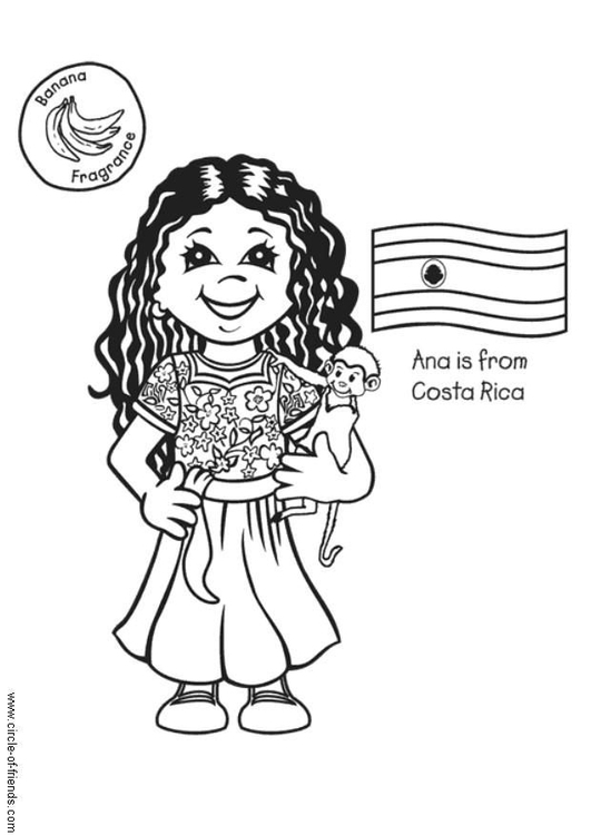 Kleurplaat Ana met vlag Costa Rica