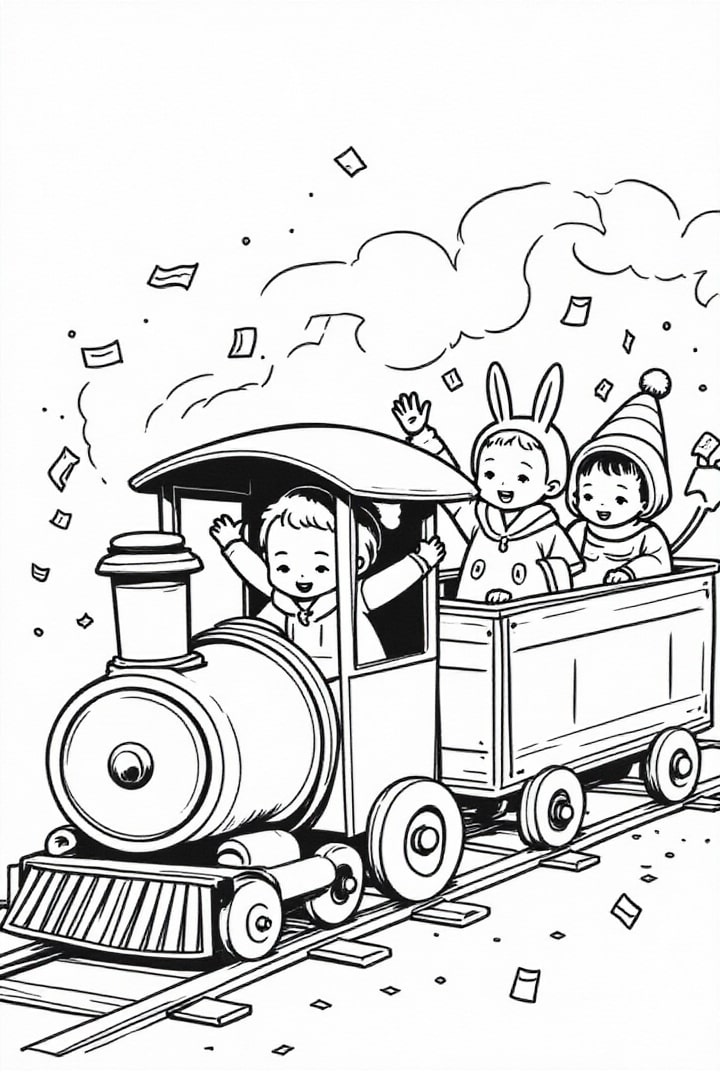 Kleurplaat carnavalsfeest op treintje