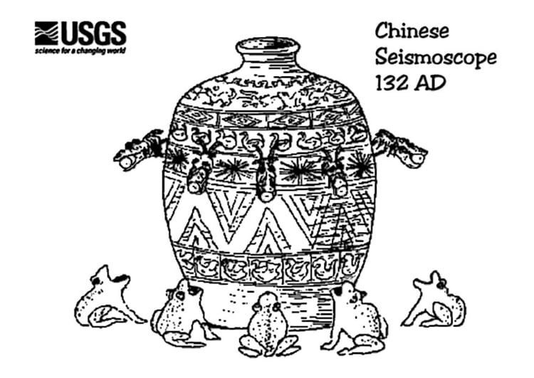 Kleurplaat Chinese seismoscoop 132 AD