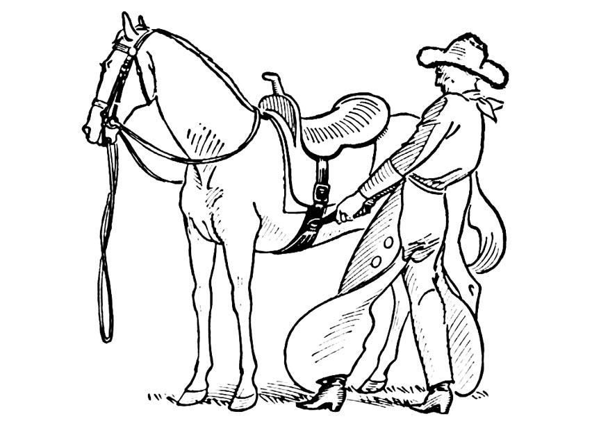 Kleurplaat cowboy zadelt paard