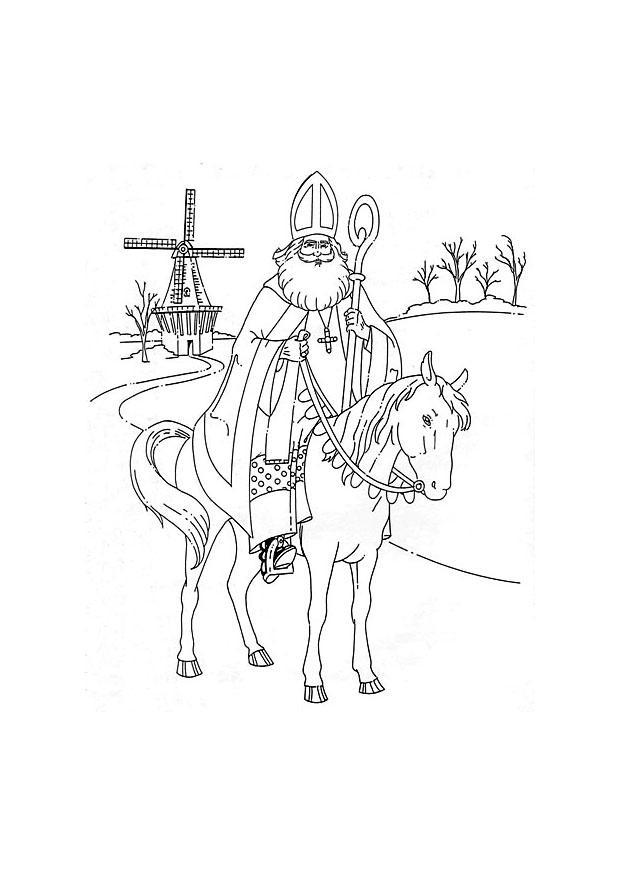 Kleurplaat De Sint op zijn paard