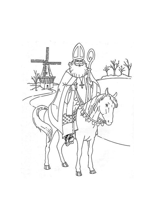 Kleurplaat De Sint op zijn paard