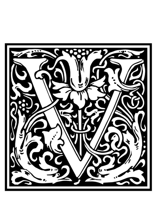 Kleurplaat decoratief alfabet - V