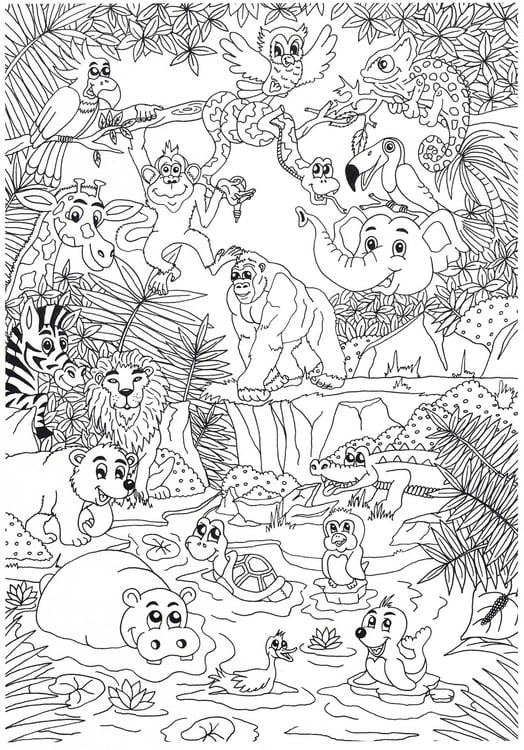 Kleurplaat dieren in de jungle