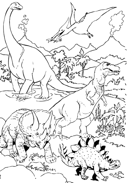 Kleurplaat DinosauriÃ«rs in landschap