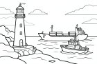 een vuurtoren in de haven met schepen op zee