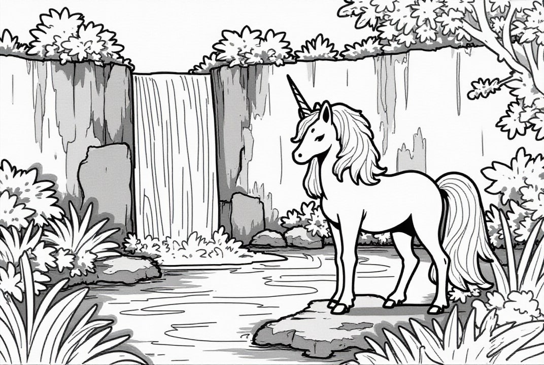 Kleurplaat eenhoorn bij de waterval