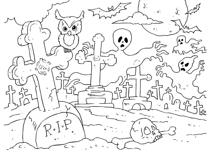 Kleurplaat Halloween kerkhof