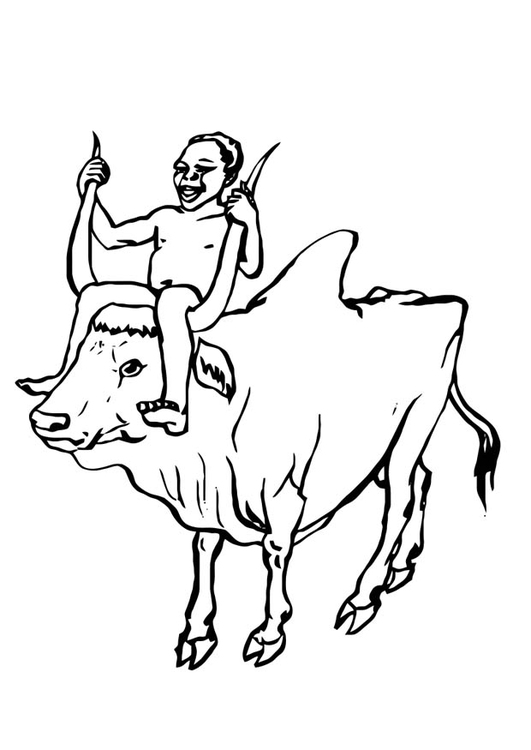 Kleurplaat jongen op koe