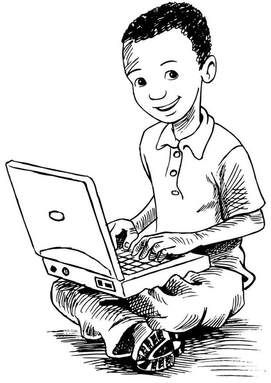 Kleurplaat jongen op laptop