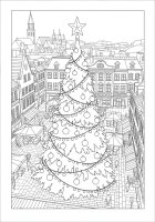 Kleurplaat kerstboom op het plein