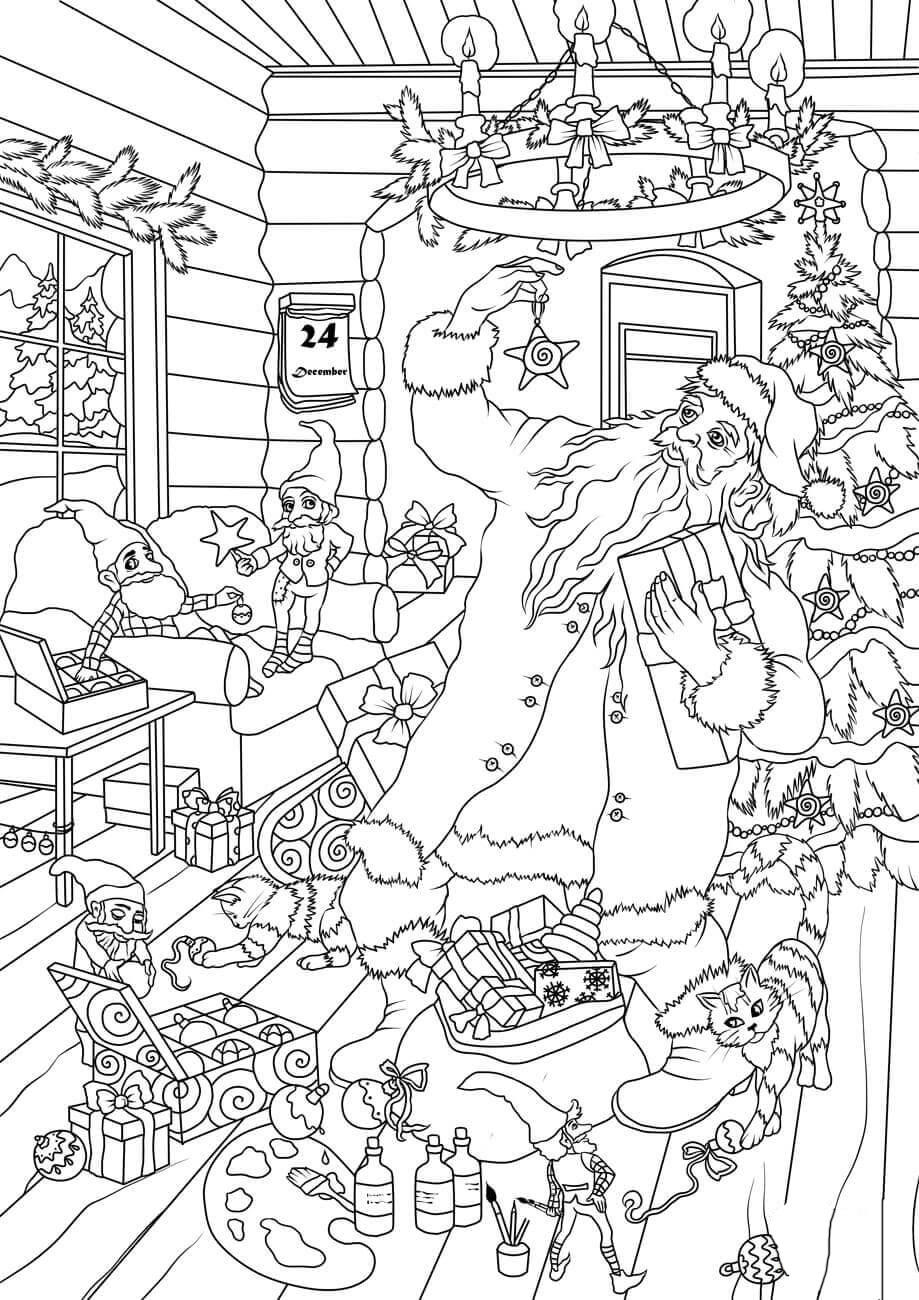 Kleurplaat Kerstman en elfen kiezen pakjes