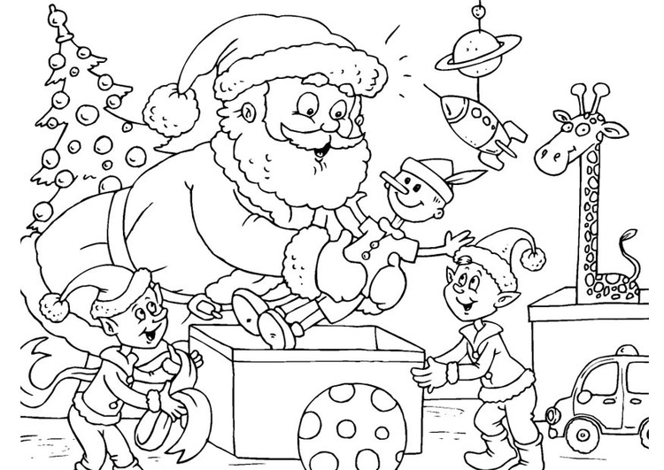 Kleurplaat Kerstman met elfen