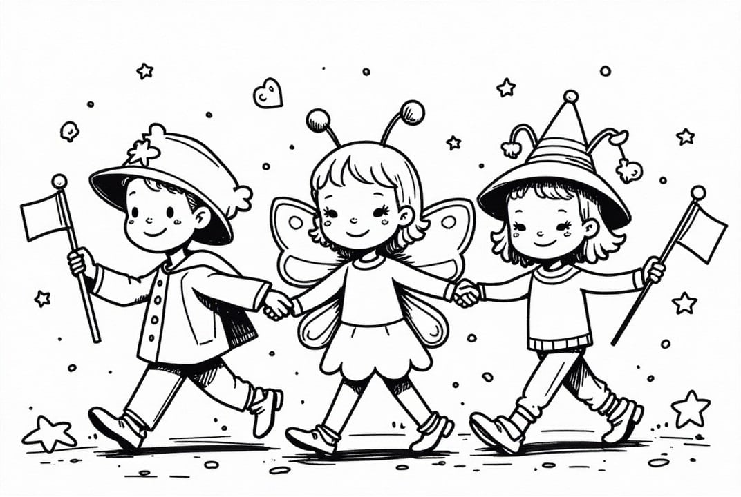 Kleurplaat kinderen met vlaggetjes op carnaval
