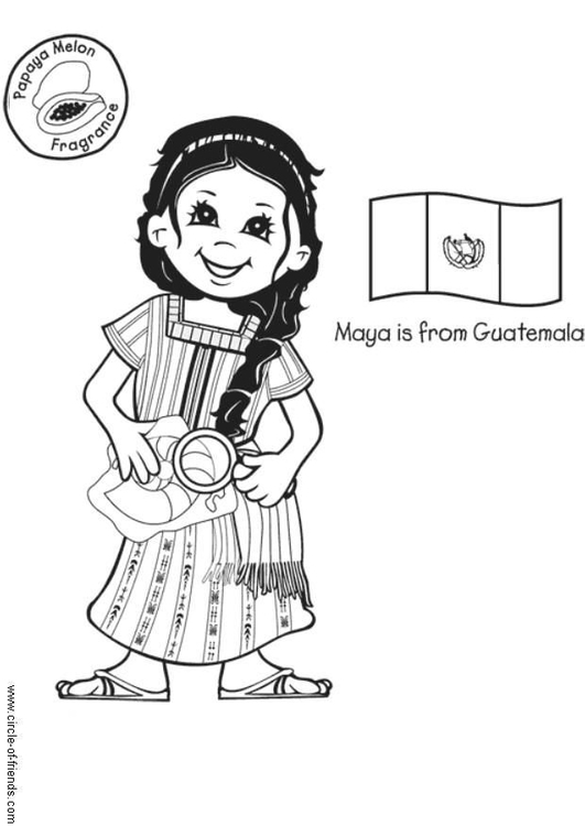 Kleurplaat Maya uit Guatemala met vlag