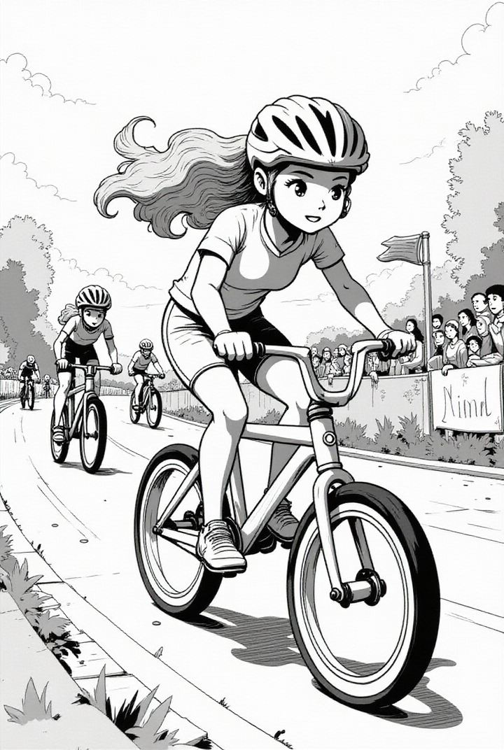 Kleurplaat meisje op fietswedstrijd 