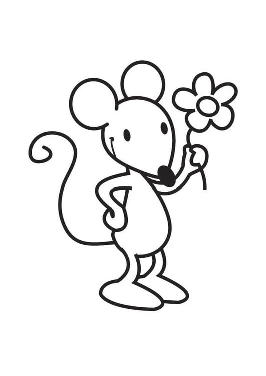 Kleurplaat muis met bloem