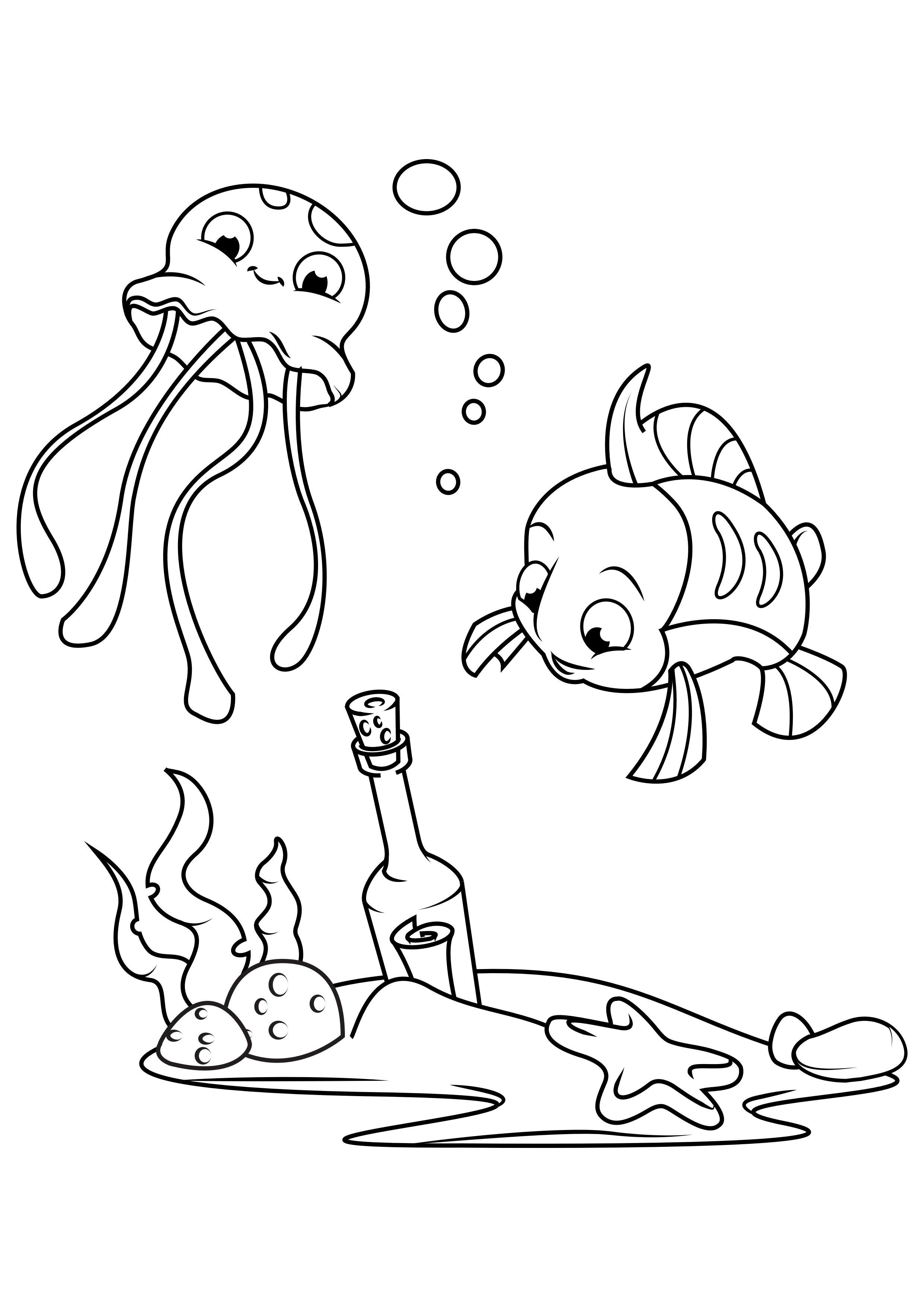 Kleurplaat octopus en vis met fles