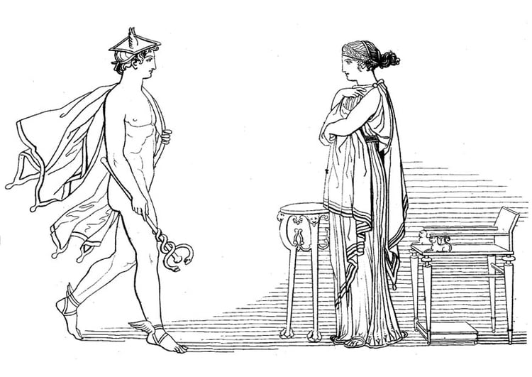 Kleurplaat Oddyseus - Hermes beveelt Calypso de vrijlating van Oddyseus