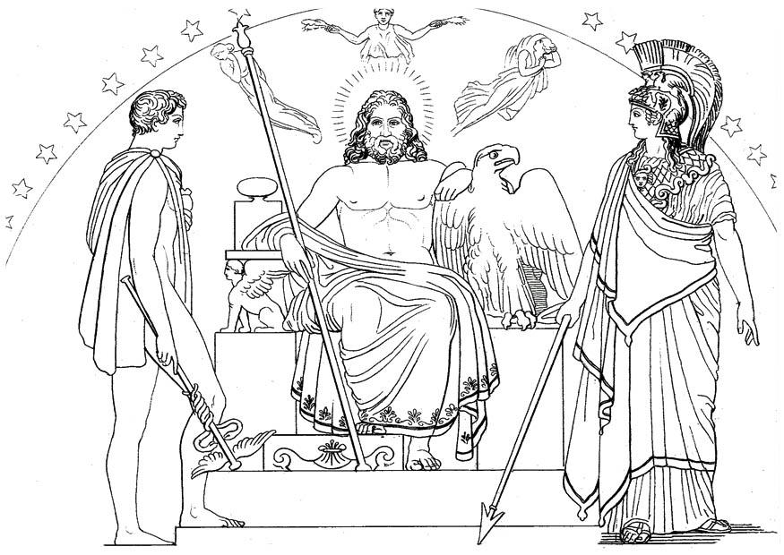 Kleurplaat Oddyseus - Hermes, Zeus en Athena