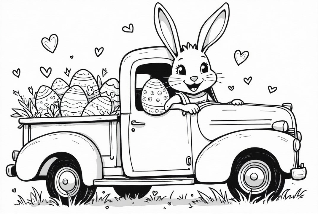 Kleurplaat paashaas in de vrachtwagen