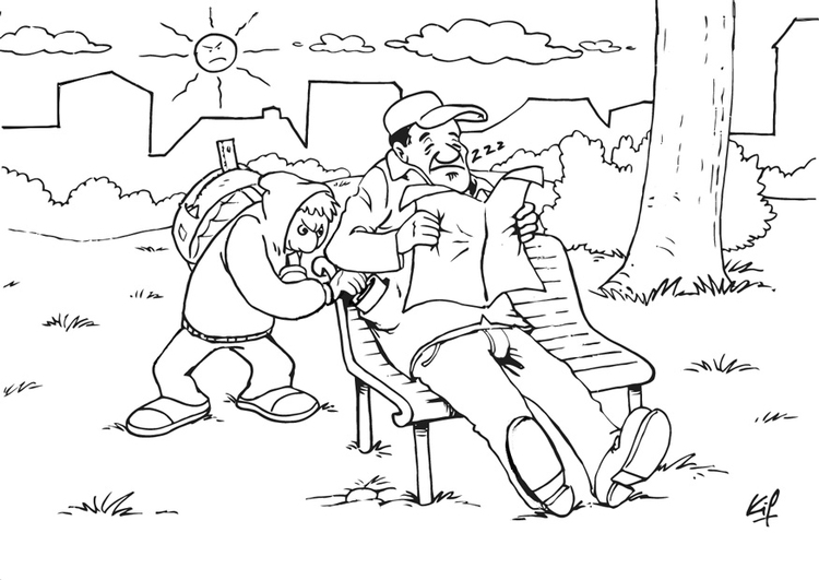 Kleurplaat pickpocket in het park